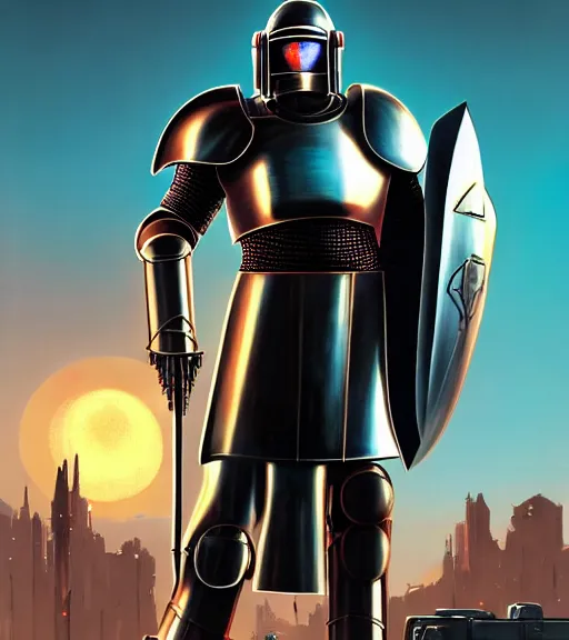 Image similar to a large cyberpunk paladin in rounded heavy plate armor with large shoulder pads and a spartan helmet and a very large shield he is holding a large axe in a cyberpunk setting, 1 9 3 9 omni magazine cover, style by vincent di fate, artgerm, cyberpunk 2 0 7 7, very coherent, detailed, 8 k resolution, unreal engine, daz