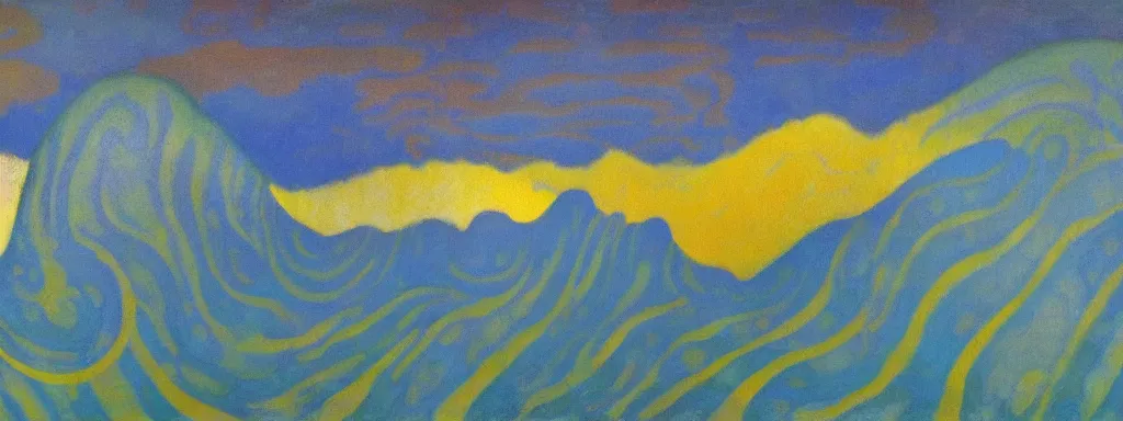 Image similar to An insane, modernist landscape painting. Wild energy patterns rippling in all directions. Curves, organic, zig-zags. Mountains, clouds. Rushing water. Waves. Psychedelic dream world. Odilon Redon. Alex Katz.