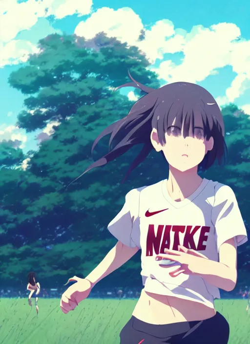 Image similar to portrait of high school runner girl, sunny sky background stadium landscape illustration concept art anime key visual trending pixiv fanbox by wlop and greg rutkowski and makoto shinkai and studio ghibli and kyoto animation short down hair sports clothing marathon race running shoes sponsors nike shirt