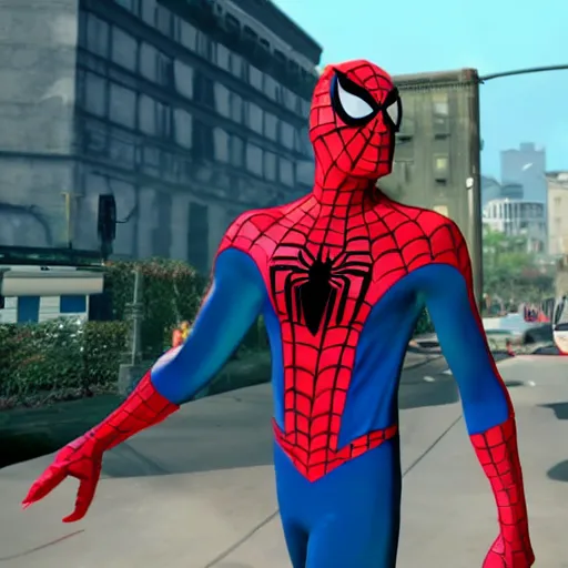 Image similar to transgender Spider-Man with makeup and lipstick fighting supervillain George Michael, ps5 game, cinematic, cut-scene