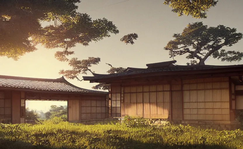 Image similar to Japanese countryside house, Low level, rendered by Beeple, Makoto Shinkai, syd meade, simon stålenhag, digital art, unreal engine, WLOP, trending on artstation, 4K UHD image, octane render