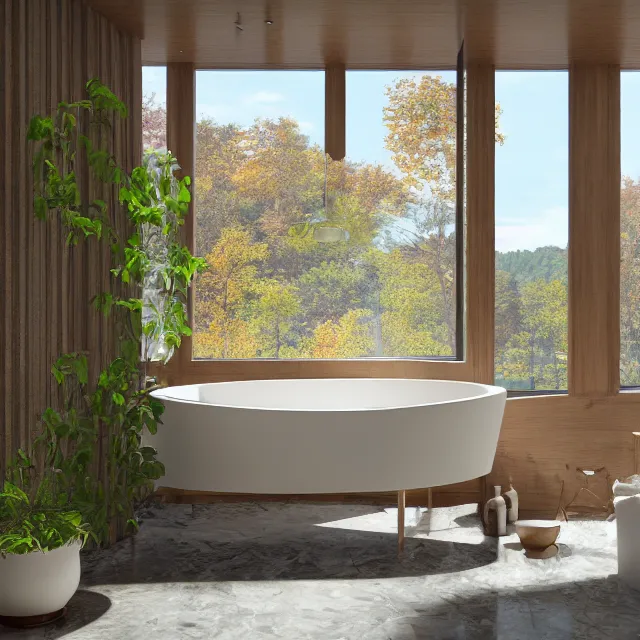 Prompt: post and beam bathroom interior, bathtub with golden faucet, wood cabinets, marble floor, large window in back with new hampshire fall foliage river view, large potted plant, realistic, unreal engine render, octane render, hyper realistic, photo, 8 k