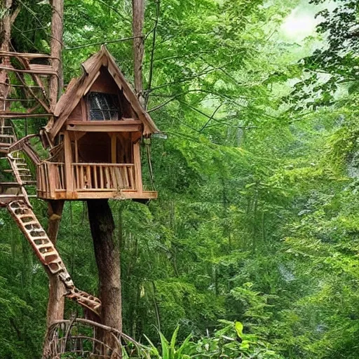 Image similar to a tree house, ladders, hanging bridges, hanging gardens, in the forest, beautiful scenery