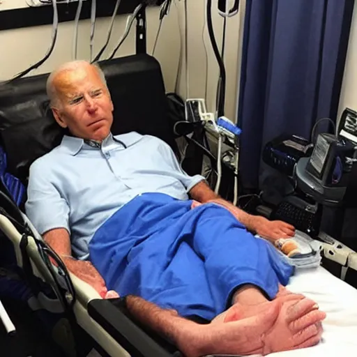 Image similar to Joe Biden sitting in a hospital bed with tubes and wires attached to him