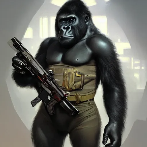 Image similar to detailed science - fiction character portrait of a gorilla with a gun, wild, highly detailed, digital painting, artstation, concept art, smooth, sharp focus, illustration, art by artgerm and greg rutkowski and alphonse mucha