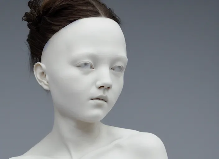 Image similar to full head and shoulders, beautiful female porcelain sculpture by daniel arsham and raoul marks, smooth, all white features on a white background, delicate facial features, white eyes, white lashes, detailed white 3 d giant poppies on the head