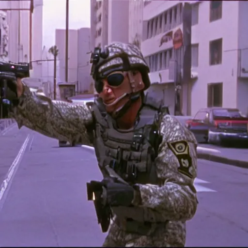Prompt: film still of Los Angeles Future Commando Squad (1998). Villian chase scene. Sigma 85mm f/8