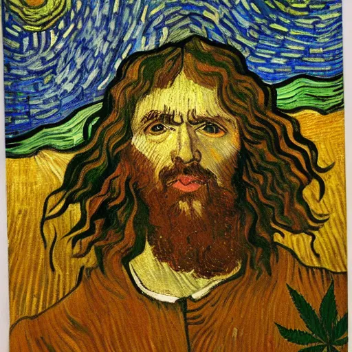 Image similar to jesus spreads his hands against the background of growing cannabis. an oil painting in the style of van gogh