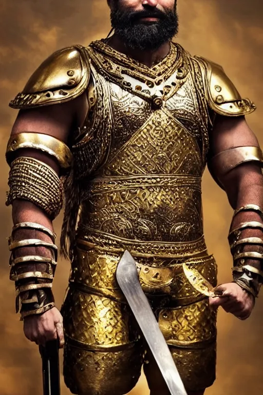 Prompt: ancient Mesopotamian warrior, thick braided beard with golden rings, intricate bronze armour, very muscly, dark skin, strongman, big smile. Focus on the face. Action pose. in the style of a Bollywood movie poster.