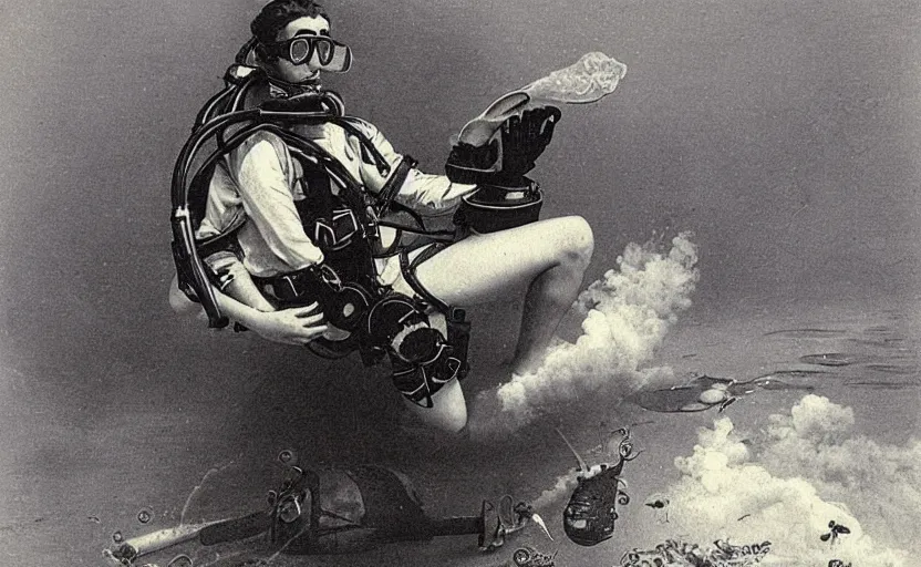 Image similar to vaporwave of 1 9 0 0's scuba diver by adolphe millot