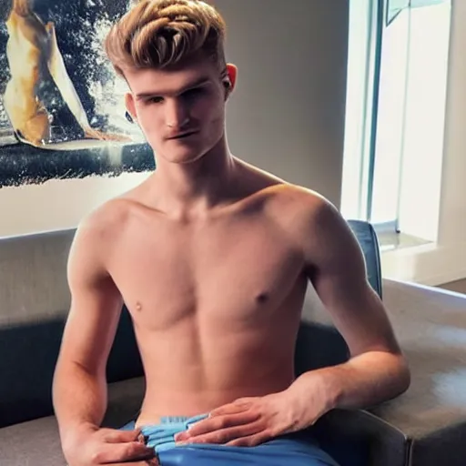 Image similar to a realistic detailed photo of a guy who is an attractive humanoid who is half robot and half humanoid, who is a male android, soccer player timo werner, shiny skin, posing like a statue, blank stare, in a living room, on display, showing off his muscles