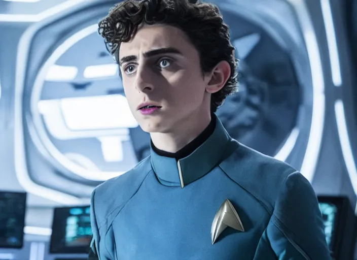 Prompt: Timothée Chalamet plays as captain in Star Trek Discovery, engine room and warp core in the background, 35mm photography, highly detailed, cinematic lighting, 4k