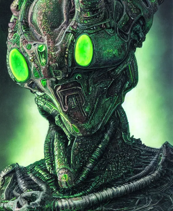 Prompt: a detailed portrait of a menacing armoured alien with glowing green eyes and a crown of jade and topaz crystals by Wayne Barlowe, 4k resolution, photorealistic