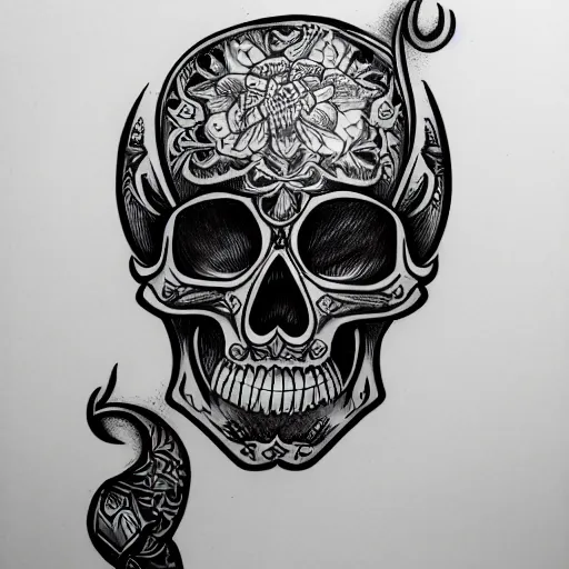 Image similar to highly detailed skull, Japanese style, tattoo ink sketch, isolated on white background