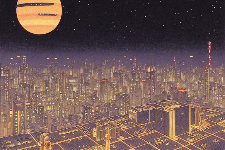 Prompt: a scifi illustration, Night City on Coruscant by hasui kawase