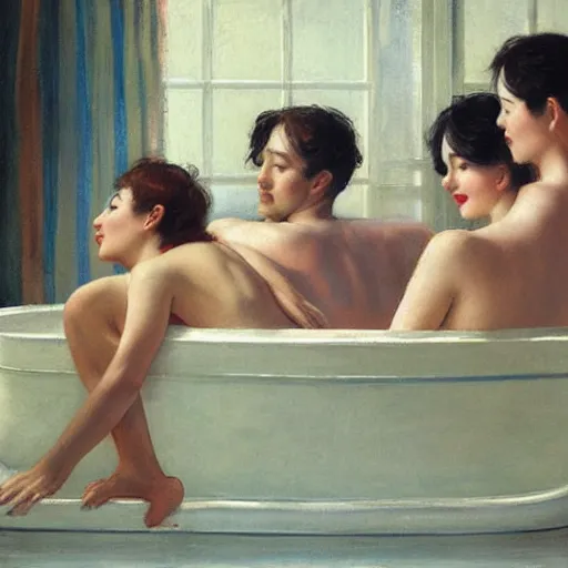 Image similar to three friends in a tub, art by wlop, edward mason eggleston, olivia, coby whitmore, rolf armstrong, wlop