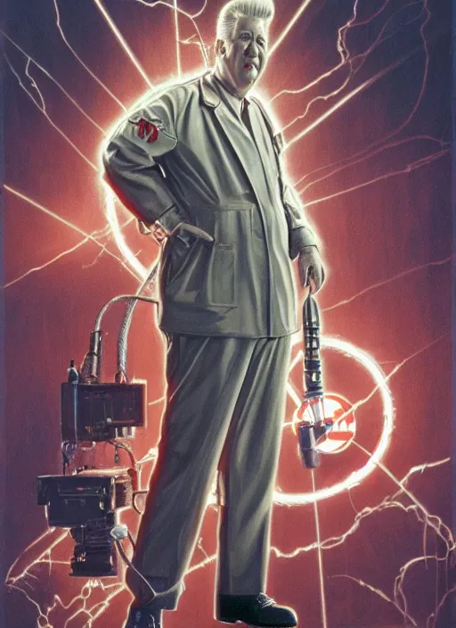 Image similar to portrait of david lynch in ghostbusters ( 1 9 8 4 ), highly detailed, centered, solid color background, digital painting, artstation, concept art, smooth, sharp focus, illustration, donato giancola, joseph christian leyendecker, les edwards, ed repka, wlop