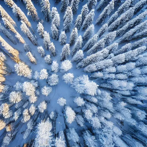 Image similar to sattelite image of snow from 150 meters height, some cutted trees and frozen trees covered with ice and snow, old lumber mill remains, beautiful winter area