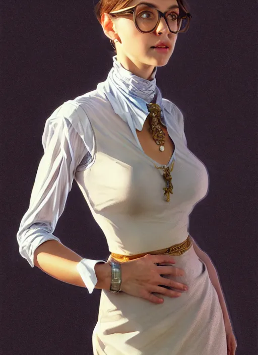 Image similar to portrait of a full body of beautiful young female secretary, d & d, sleeveless turtleneck, pencil skirt, fantasy, flat lighting, intricate, highly detailed, digital painting, artstation, concept art, smooth, sharp focus, illustration, art by simon bisley and greg rutkowski and alphonse mucha, natural tpose