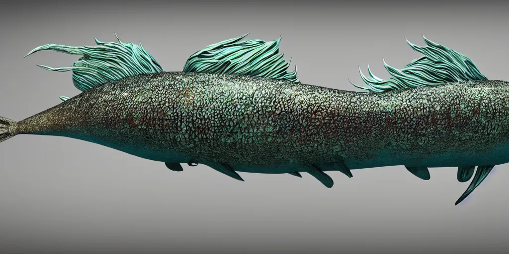 Image similar to mahi - mahi, stylized layered textures, long flowing fins, bioluminescent orbs, 3 d render, substance painter, glowing eye, smooth, sharp focus, art by h r giger