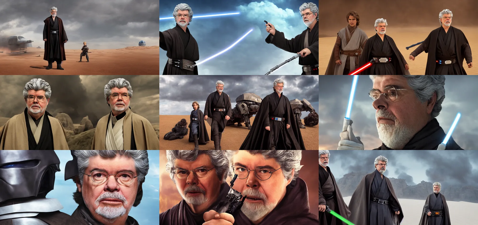 Prompt: george lucas as anakin skywalker, hyper realistic photo imax movie promo, 8 k, high quality