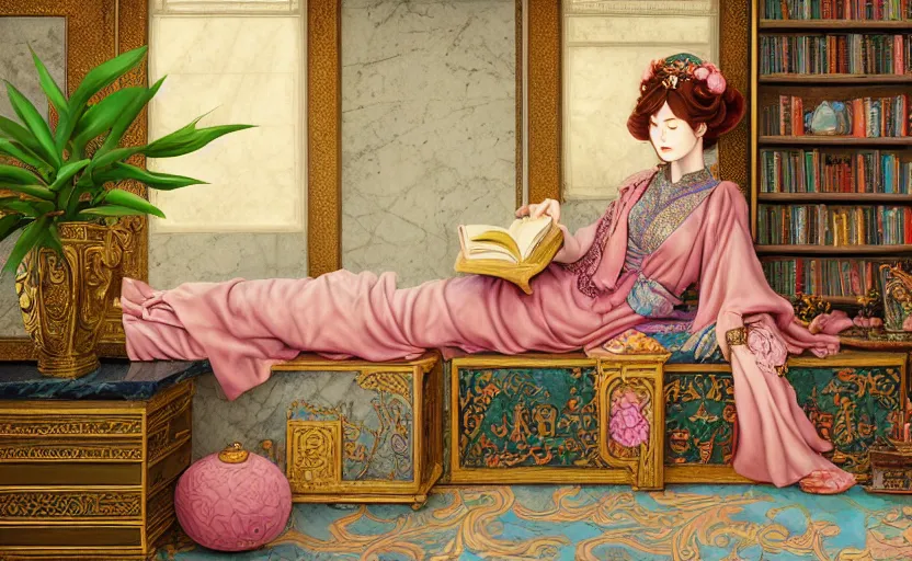 Prompt: a detailed fantasy pastel portrait of a woman wizard in ornate clothing lounging on a purpur pillow on the marble floor in front of her bookcase in a room, reading an ancient tome. to the side is a potted plant. ancient retrofuturistic setting. 4 k key art. raytracing, by chie yoshii and rembrandt.