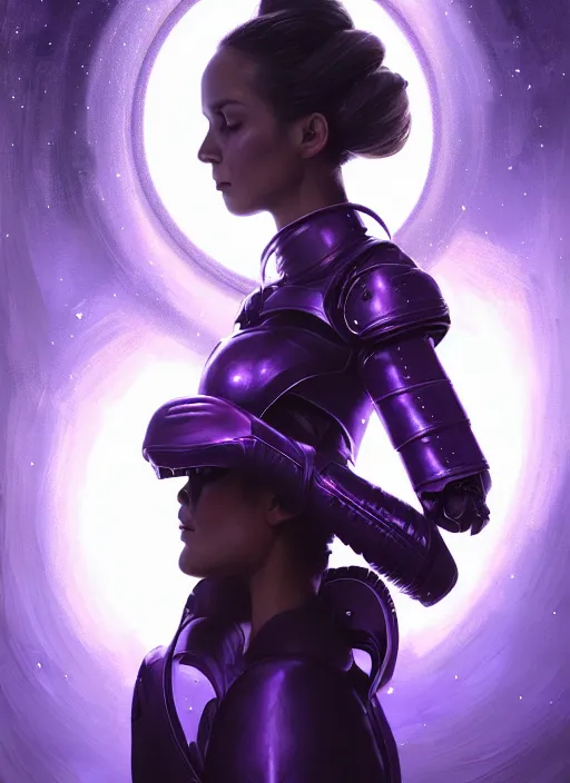 Image similar to top down lighting, extreme close up, stunning portrait of a woman in purple leather future armor with a long black ponytail, white eyes, with space and stars around her, spaceship hallway, intricate, mood lighting, highly detailed, digital painting, artstation, concept art, smooth, sharp focus, illustration, art by wlop, mars ravelo and greg rutkowski