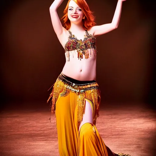 Image similar to a beautiful portrait of emma stone as a belly dancer, arabian night, high quality, fully detailed, 4 k