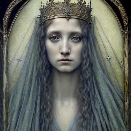 Image similar to detailed realistic beautiful young medieval queen face portrait by jean delville, tom bagshaw, brooke shaden, gustave dore and marco mazzoni, art nouveau, symbolist, visionary, gothic, pre - raphaelite, ornate gilded medieval icon, surreality, ethereal, unearthly, haunting, celestial, neo - gothic, ghostly, memento mori, enigmatic