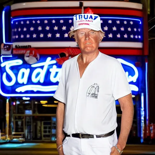 Prompt: professional portrait of Donald Trump wearing a white bucket hat and an all-white outfit standing outside of a gas station with bright neon lighting in the background at night, 8k, very intricate, very detailed,-n 9