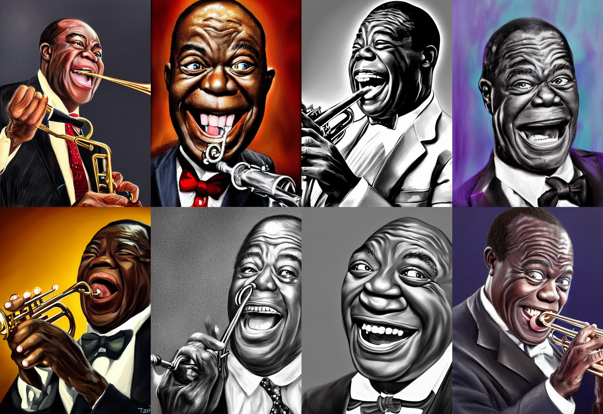 Prompt: a portrait of louis armstrong telling a joke, by tai - shan schierenberg, dramatic lighting, highly detailed digital painting