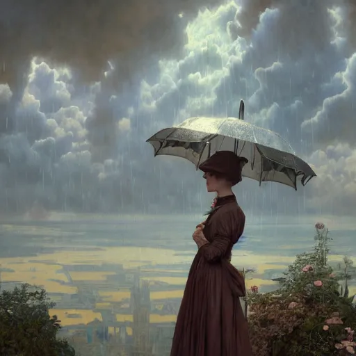 Image similar to a very detailed portrait painting of Vesper Lynd, a very detailed french room, a very detailed dramatic rainy sky, light particles, environment drawn by Donato Giancola and Tom Bagshaw, Edmund Leighton, character design by Alphonse Mucha, 4k, volumetric lighting, french nouveau, komorebi, award winning, octane render, hyperrealistic