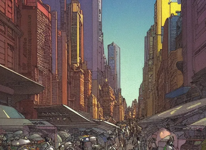 Prompt: close up view of a bustling city street on an alien planet by moebius, earth and pastel colors, dramatic perspective