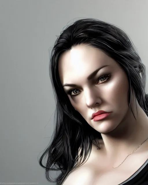 Image similar to portrait of a tall 4 0 - year - old woman with thin lips, heavy - lidded eyes, a strong jaw and long, thick shining black hair, thick eyebrows and long eyelashes, wearing in black clothes, hyper realistic face, beautiful eyes, character art, art by mark brooks, hyperdetailed, cryengine, trending on artstation, digital art