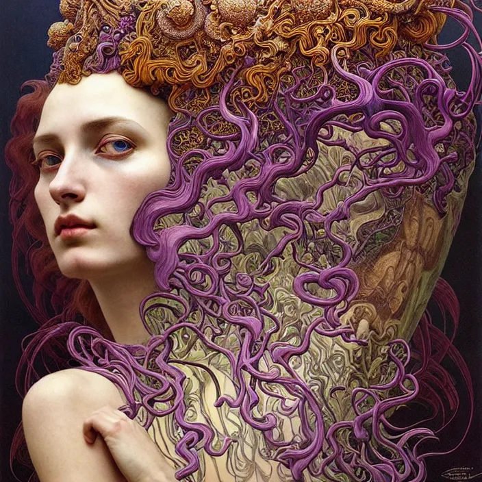 Prompt: detailed realistic beautiful young groovypunk queen of jupiter in full regal attire. face portrait. art nouveau, symbolist, visionary, baroque, giant fractal details. horizontal symmetry by zdzisław beksinski, iris van herpen, raymond swanland and alphonse mucha. highly detailed, hyper - real, beautiful