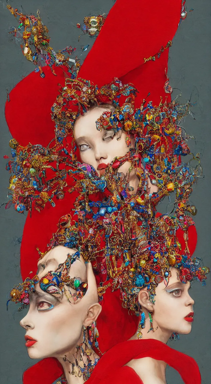 Prompt: a female character design wearing high fashion, beads hanging over her face like an alexander mcqueen headdress, costume by eiko ishioka, haute couture, dior, and a red cape by moebius, steven outram, colourful and psychedelic, hd, 8 k, artstation, high quality, ultra detailed