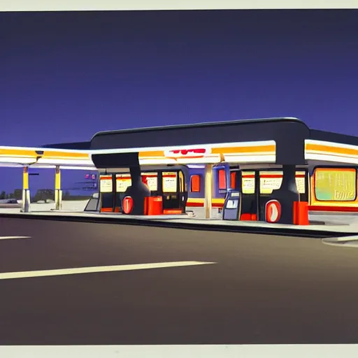 Prompt: a digital rendering of a gas station at night by george ault, retrofuturism, concept art, matte drawing, reimagined by industrial light and magic