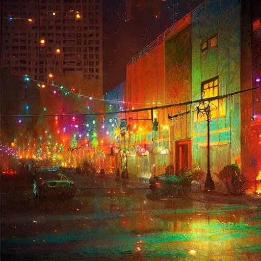 Image similar to Downtown Mexico, string lights, colorful lighting, night, by Tooth Wu, by Frank Lloyd Wright, by Greg Rutkowski