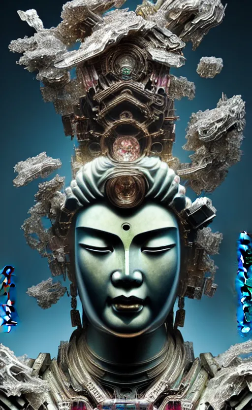 Prompt: thousand - handed guanyin from chinese mythology, ghost, gorgeous and huge head ornaments, dystopian, cyberpunk, mecha, halfturn portrait of a big crystal face made of crystals half - turn, ominous, intricate, studio, art by anthony macbain + greg rutkowski + alphonse mucha, concept art, 4 k, sharp focus