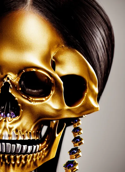 Prompt: a stunning young female cyborg - skull ribs made of gold, gemstones, diamonds, unreal engine, glamor shot, nikon d 7 5 0, closeup, f / 2. 8, low contrast, 1 6 k, rim lighting, optical fiber, cinematic lighting, insanely detailed and intricate, hypermaximalist, elegant, ornate, hyper realistic,