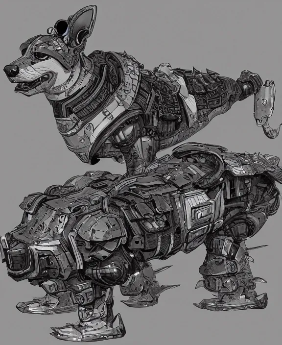 Prompt: a detailed manga style illustration of an armoured cyborg corgi dog, by moebius and stephan martiniere, 4 k resolution, detailed, unreal engine, octane render, trending on artstation