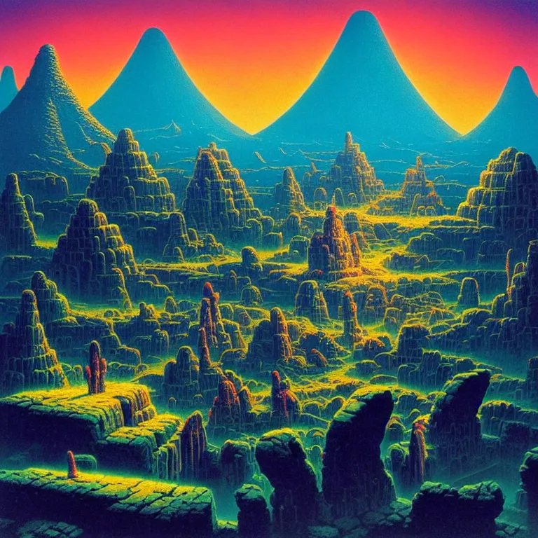 Image similar to ancient stone monuments over sprawling mysterious town, volcano valley, infinite sky, ( ( ( synthwave ) ) ), bright neon colors, highly detailed, cinematic, tim white, michael whelan, roger dean, bob eggleton, philippe druillet, vladimir kush, kubrick, haeckel, alfred kelsner