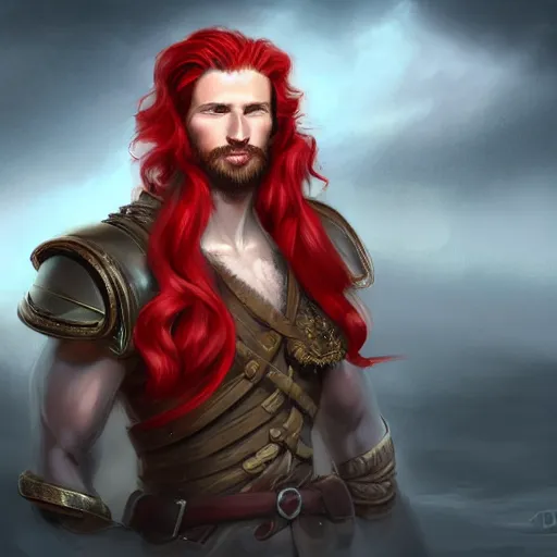 Image similar to portrait of a handsome male ship captain with long red hair!!!!!!, 30 years old, bashful, upper body, ethereal, muscular, friendly, playful, D&D, hairworks, Unreal 4, fantasy, elegant, highly detailed, digital painting, hairworks, deviantart, artstation, concept art, sharp focus, dramatic lighting, illustration, art by Artgerm and Greg Rutkowski and Alphonse Mucha