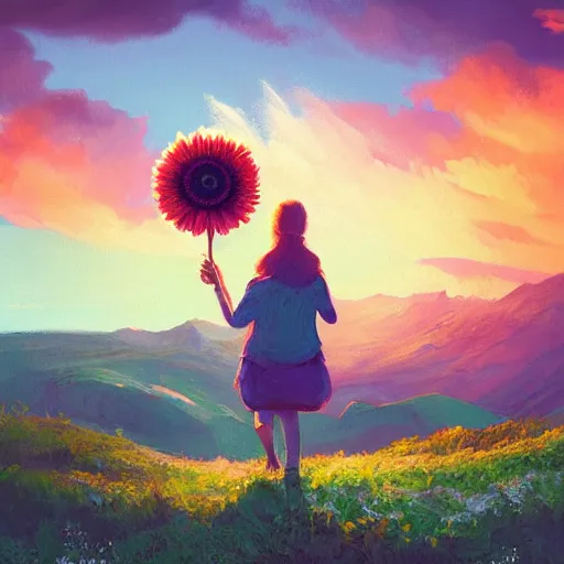 Image similar to giant daisy flower head, girl hiking in the mountains, surreal photography, sunrise, dramatic light, impressionist painting, colorful clouds, digital painting, artstation, simon stalenhag