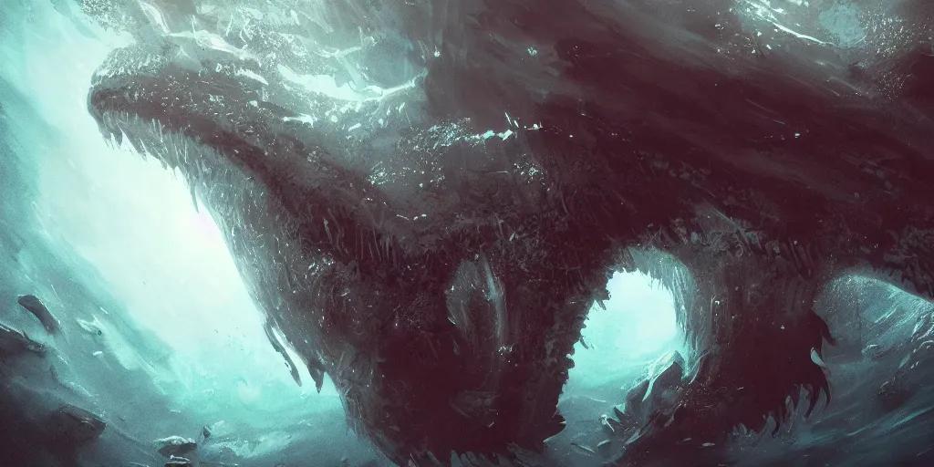 Image similar to deep underwater in the darkness, enormous maw of a huge creature, digital art, trending on artstation