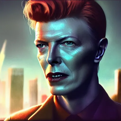 Image similar to fallout 5, charismatic david bowie, portrait, outdoors ruined cityscape, atmospheric lighting, painted, intricate, volumetric lighting, beautiful, daytime, sunny weather, slight overcast, sharp focus, deep colours, ultra detailed, by leesha hannigan, ross tran, thierry doizon, kai carpenter, ignacio fernandez rios