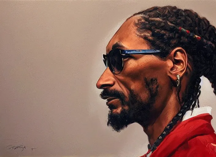 Image similar to a highly detailed beautiful portrait of snoop dogg, by gregory manchess, james gurney, james jean