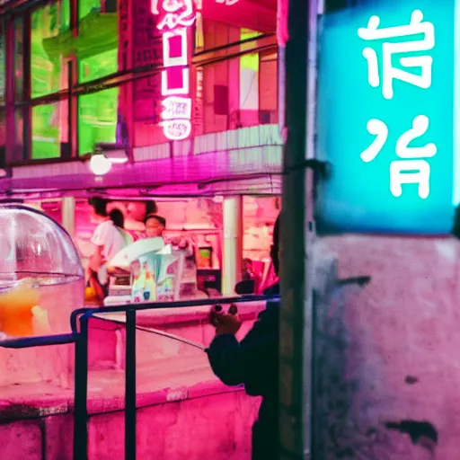 Image similar to capybara drinking bubble tea in cyberpunk, neon, pink and cyan seoul, detailed, street photography