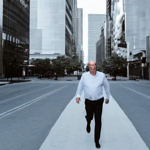 Prompt: a giant middle aged balding blue eyed white man dressed in a white shirt, gray pants and black dress shoes walking in a miniature city