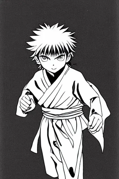 Image similar to attractive little boy wearing an ninja suit, black and white artwork made by kentaro miura and yoshihiro togashi